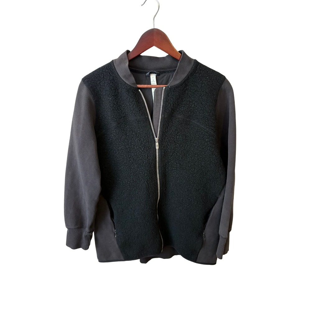 Lululemon Wool Blend Sherpa Fleece Mixed Media Full Zip Jacket Black Grey 12
